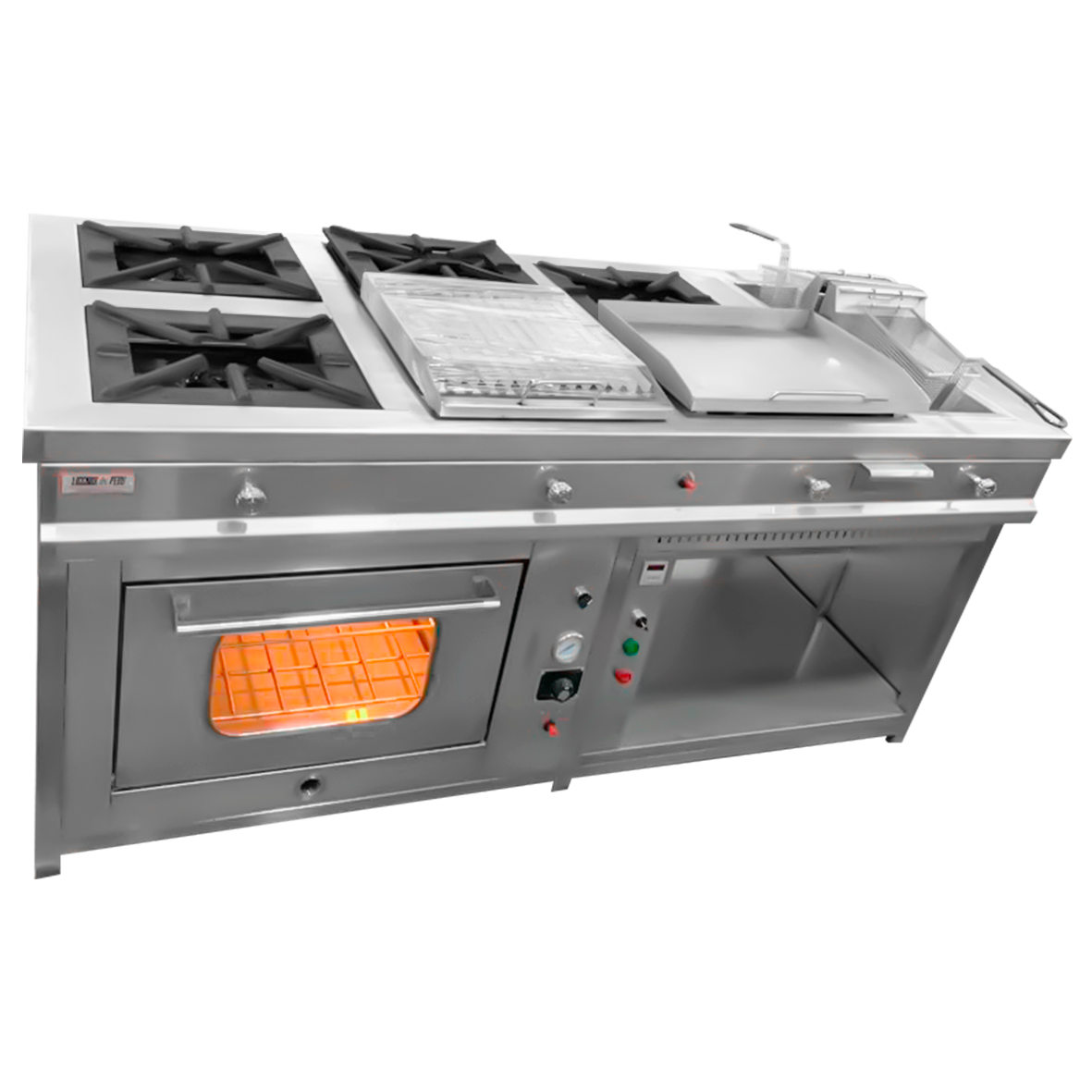 COCINA INDUSTRIAL 04 HORNILLAS CON HORNO, PARRILLA, PLANCHA Y 02 FREIDORAS